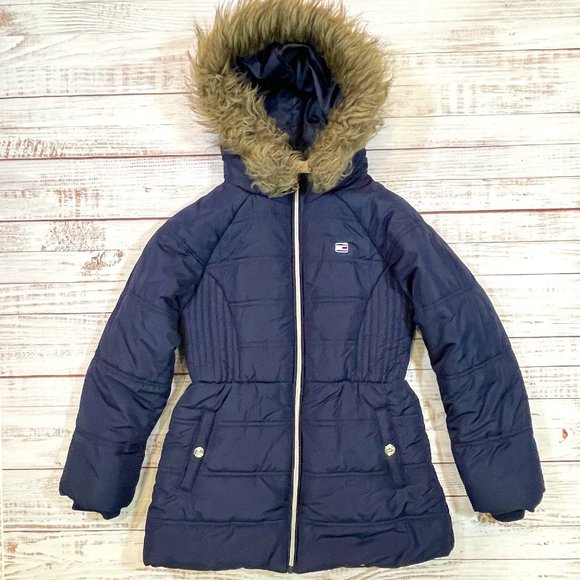Girls Tommy Hilfiger Long Puffer Jacket with Faux Fur Hood - Picture 2 of 10